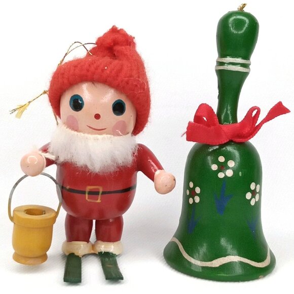 Vintage Christmas Ornament Set Of 2 Wood Bell & Santa On Skis Handpainted 1980s - Picture 1 of 10